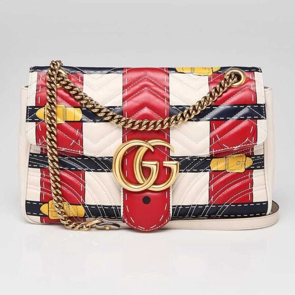 Gucci White Leather Marmont Metalasse Trompe L'oeil Medium Shoulder Bag - Picture 1 of 11